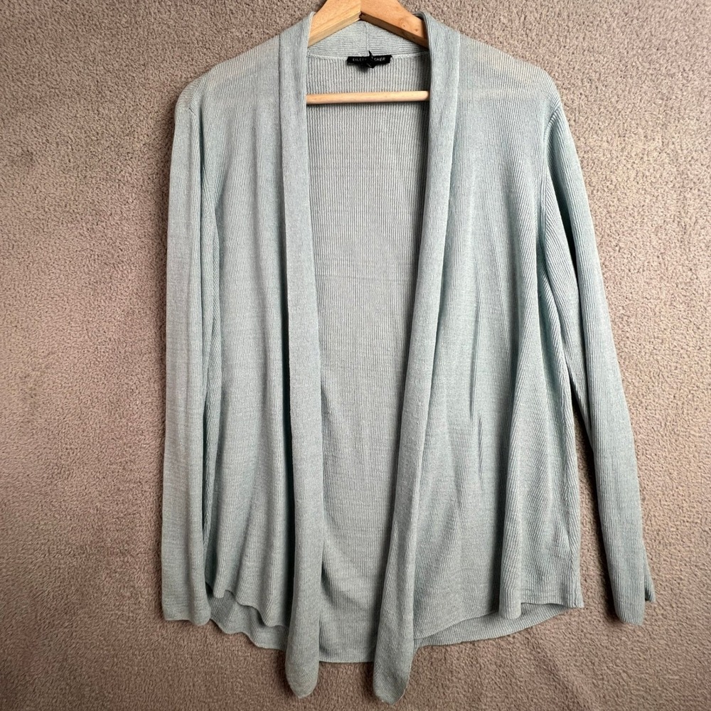 Eileen Fisher Cardigan Sweater XL Linen Blend‎ Ribbed Open Front Lt Blue